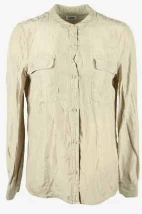 100% Silk Top Blouse Button Down Collarless 90s Beige S - Pepper Tree London