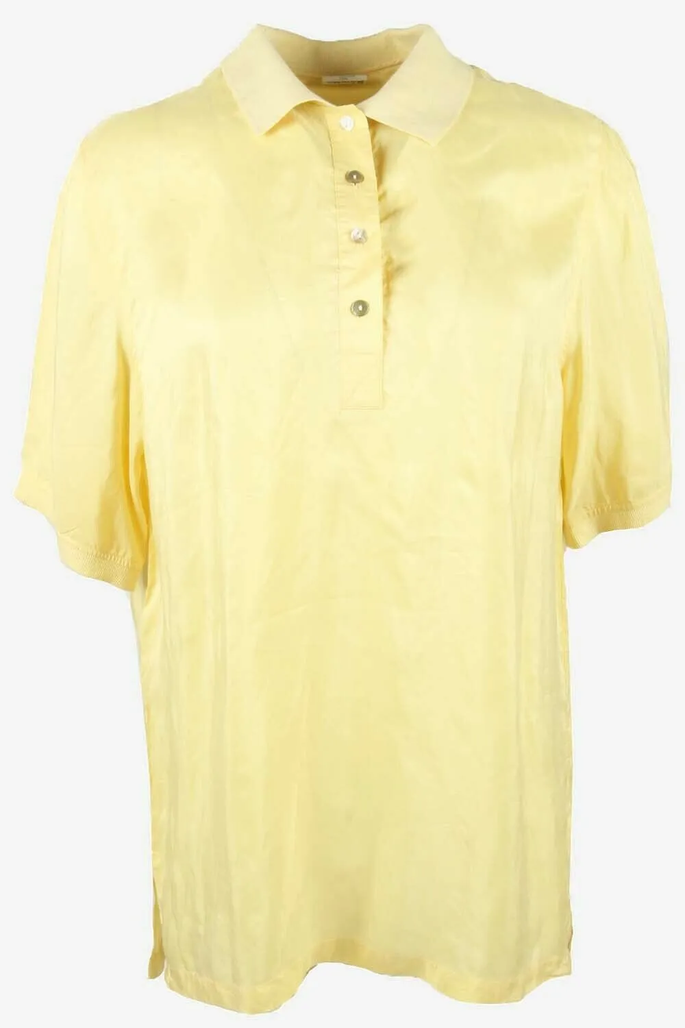 100% Silk Top Blouse Half Button Collared Retro 90s Yellow Size UK 16 - Pepper Tree London