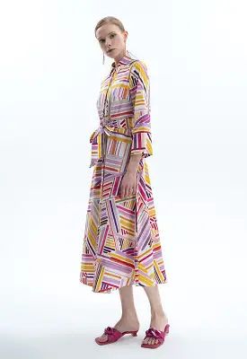 Abstract Stripe Printed Dress With Belt