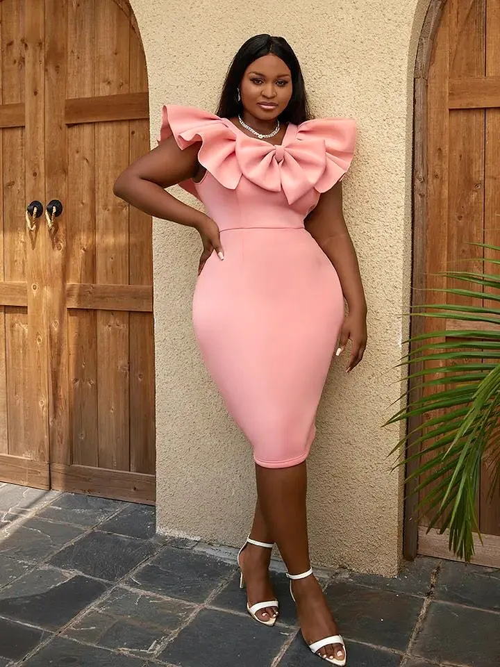 AOMEI Pink Party Dress Bodycon Ruffle with Bow Elegant Women V Neck Slim Fit Celebrate Birthday Cocktail Event Prom Sexy African