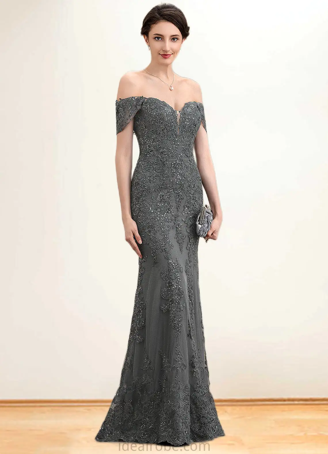 Aria Trumpet/Mermaid Off-the-Shoulder Floor-Length Tulle Lace Mother of the Bride Dress With Sequins STK126P0014731