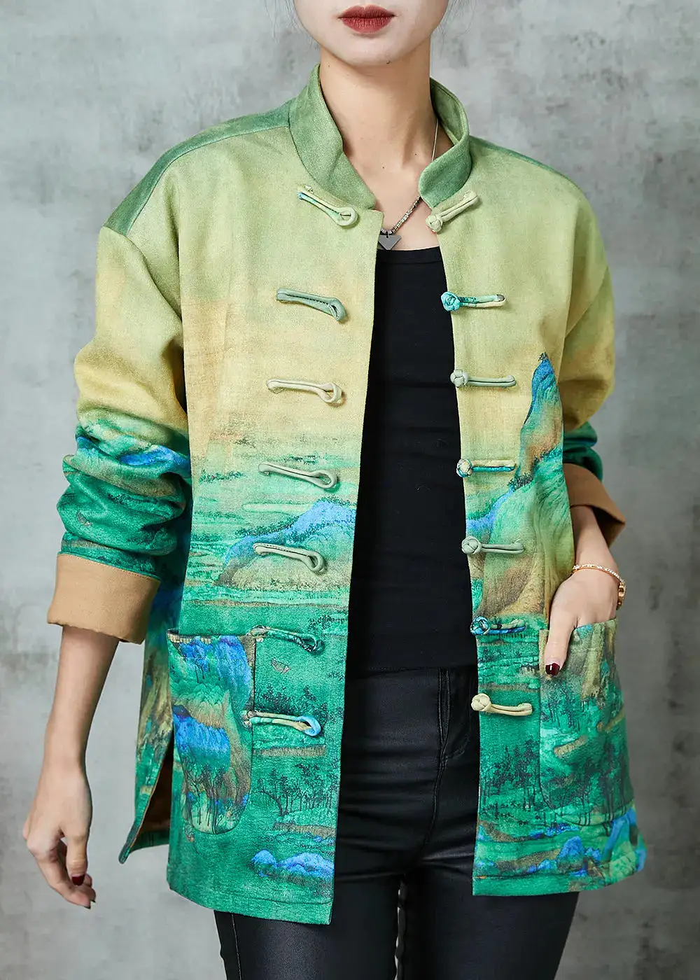 Art Green Print Chinese Button Silk Jacket Spring JK1065