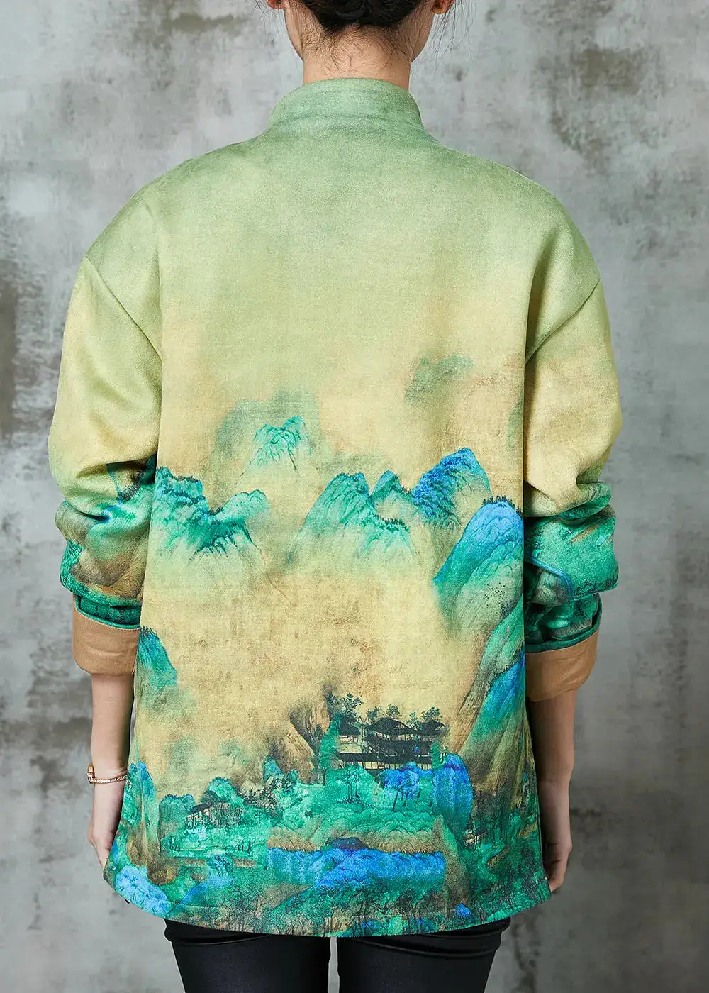 Art Green Print Chinese Button Silk Jacket Spring JK1065