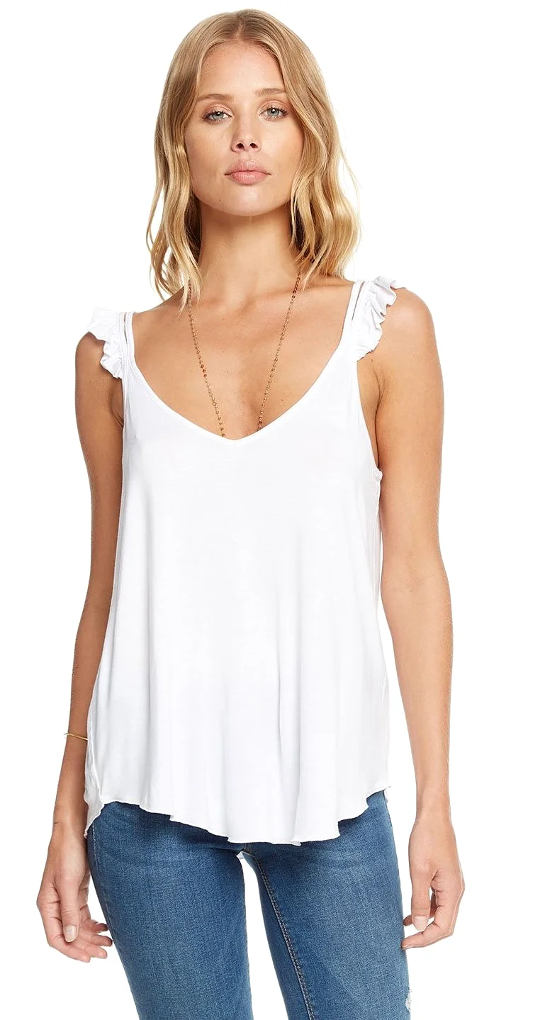 Chaser Cool Jersey Ruffle Strap Double V Cami Top