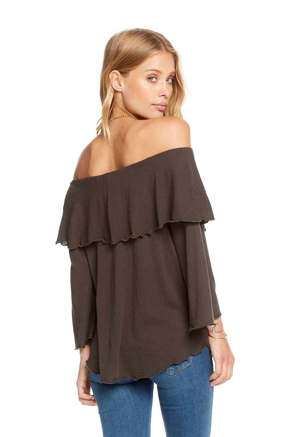 Chaser Gauzy Cotton Jersey Off Shoulder Shirttail Ruffle Boho Top