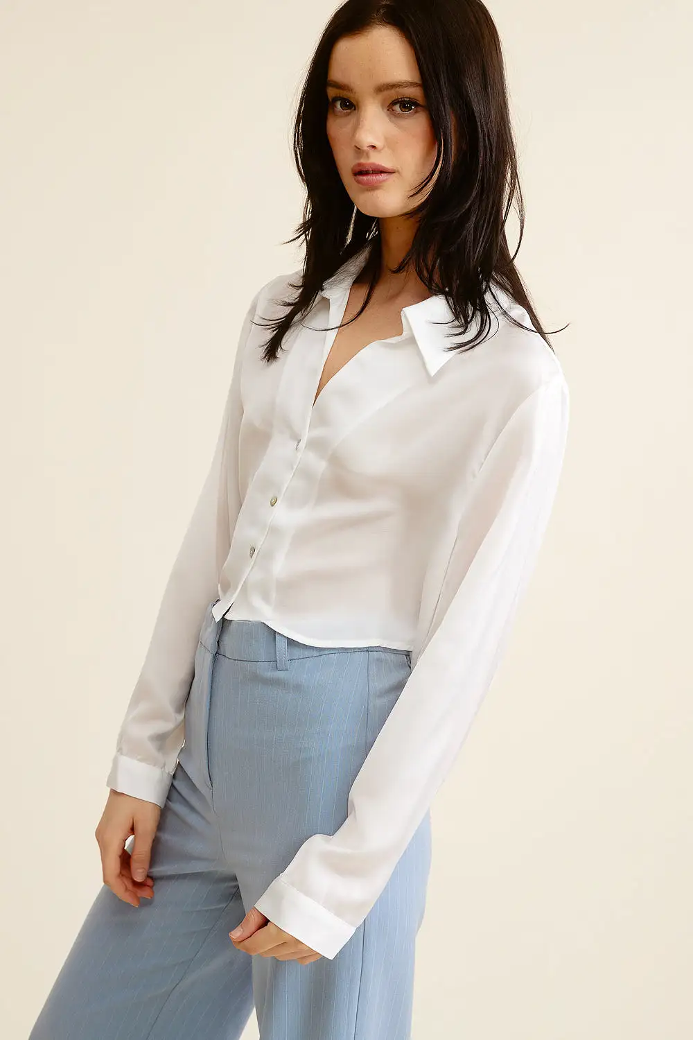 Cropped Silk Button Down Top