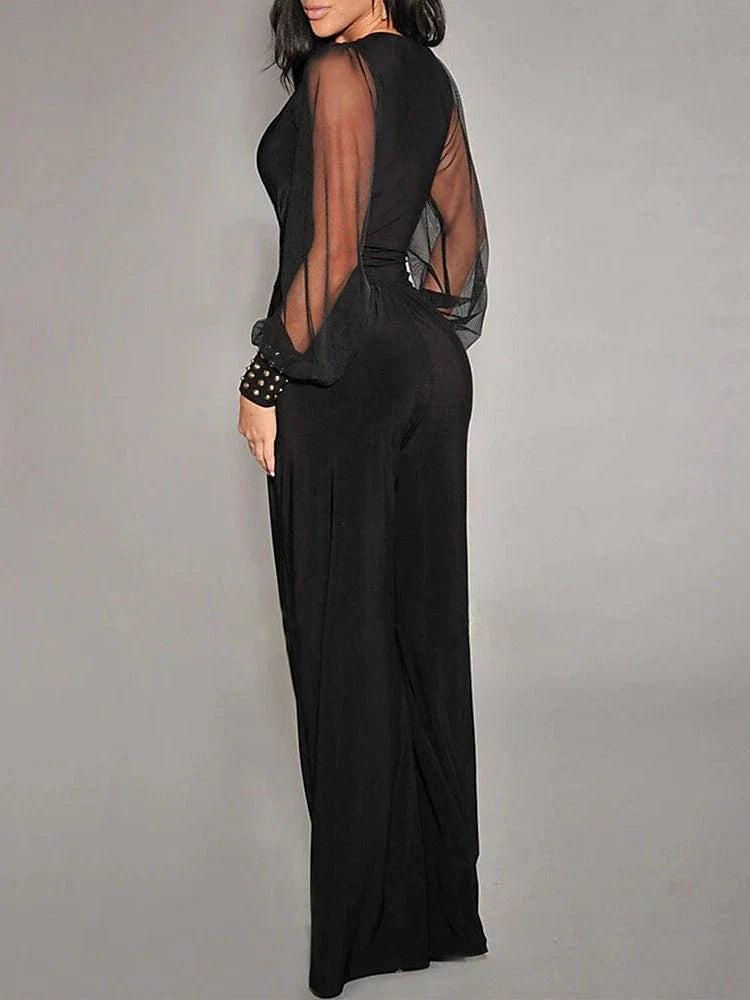 Elegant High Waist Mesh Jumpsuit with V Neck and Wide Leg