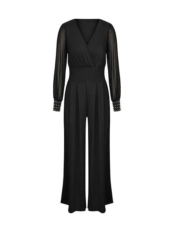 Elegant High Waist Mesh Jumpsuit with V Neck and Wide Leg