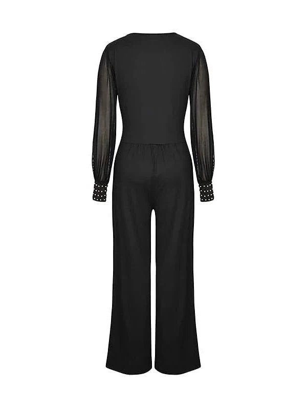 Elegant High Waist Mesh Jumpsuit with V Neck and Wide Leg