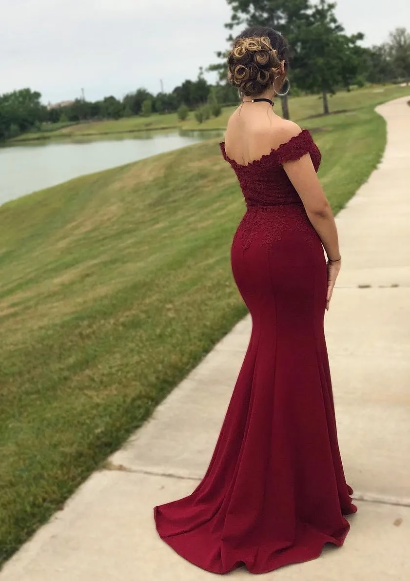 Elegant Off the Shoulder Mermaid Burgundy Jersey Long Evening Prom Dress with Side Slit, OL026