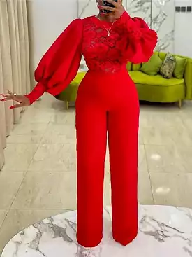 Elegant Red Lace Jumpsuit with Bishop Sleeves for Women