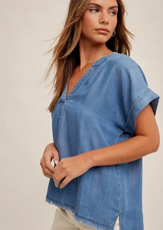 FINAL SALE - Denim Tencel Frayed Edge Top