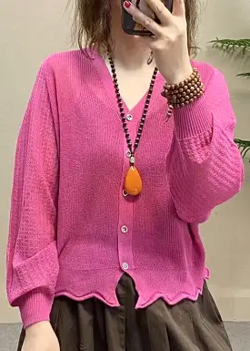 French Rose V Neck Button Ice Silk Knit Top Long Sleeve AS1062