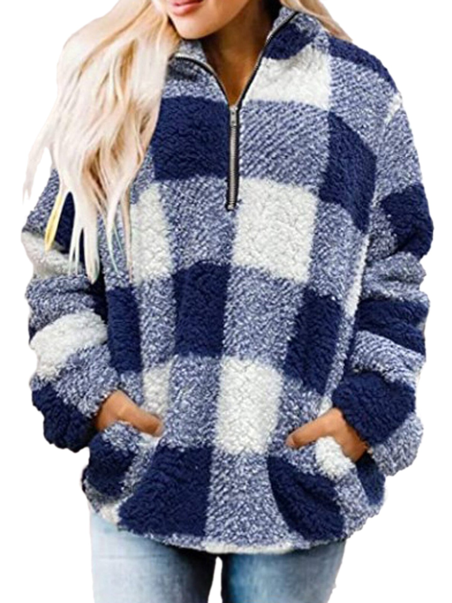 Haute Edition Women's 1/4 Zip Buffalo Plaid Sherpa Sweatshirt