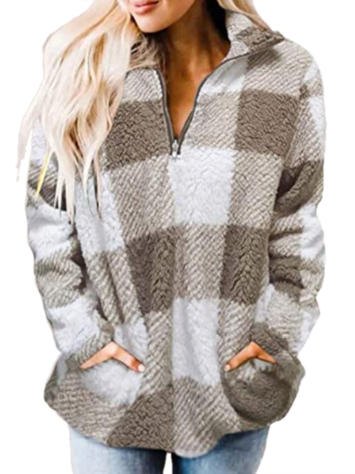 Haute Edition Women's 1/4 Zip Buffalo Plaid Sherpa Sweatshirt