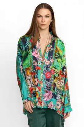 Johnny Was Tigers Et Fleurs seline Button Down Silk Blouse