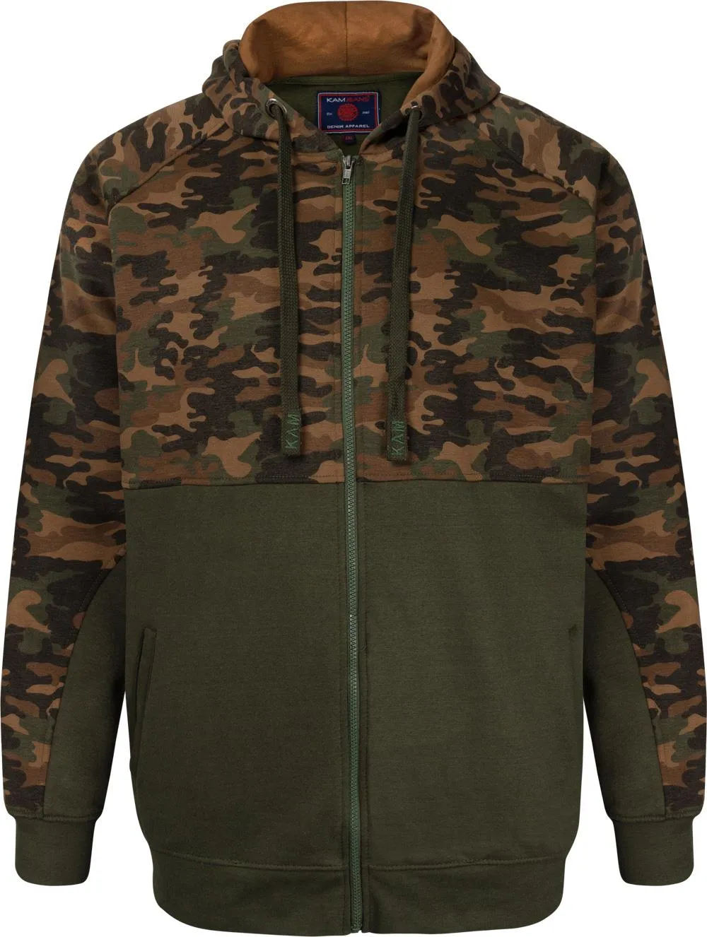 Kam Cut & Sew Camo Panel Full Zip Hoody - Khaki