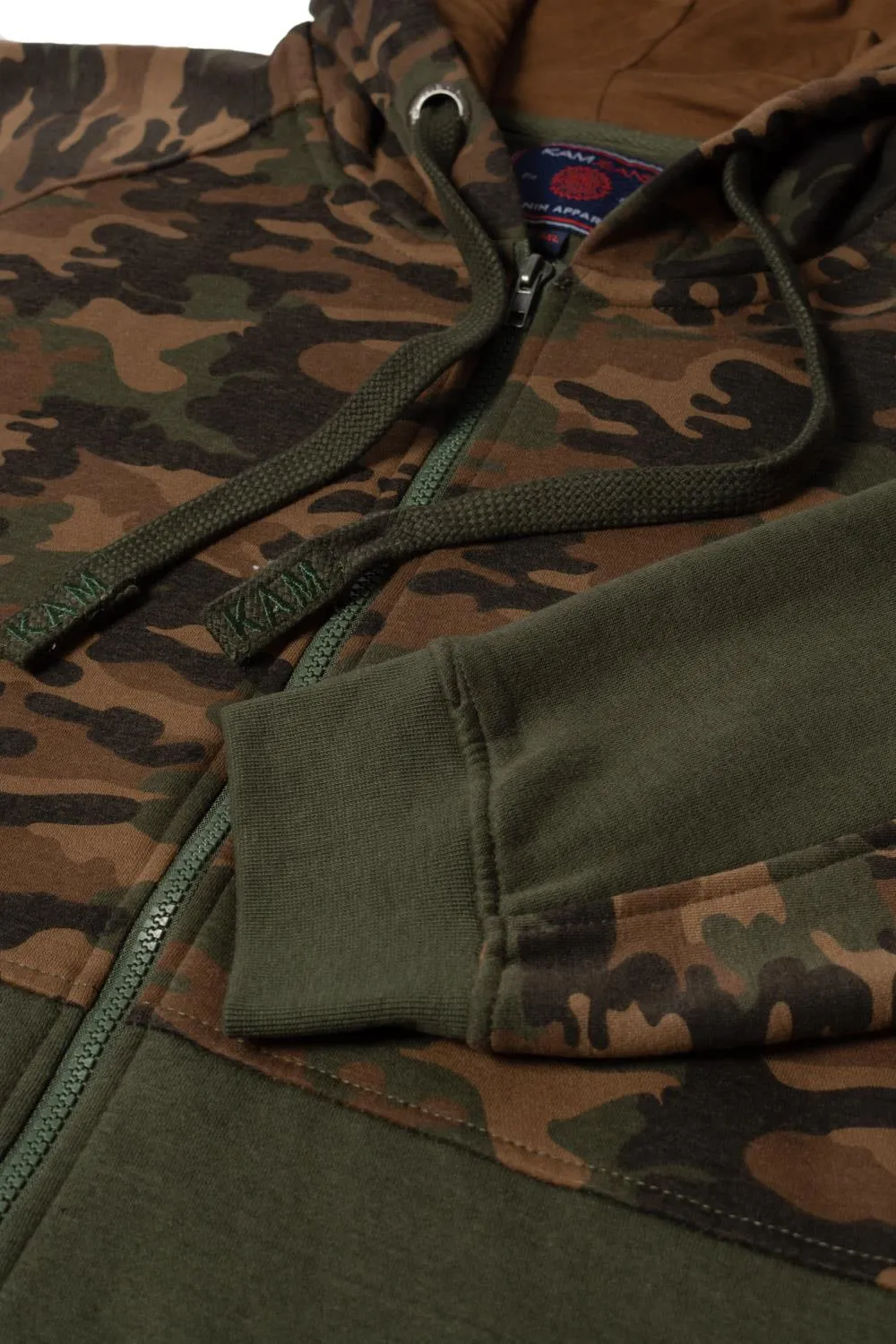 Kam Cut & Sew Camo Panel Full Zip Hoody - Khaki