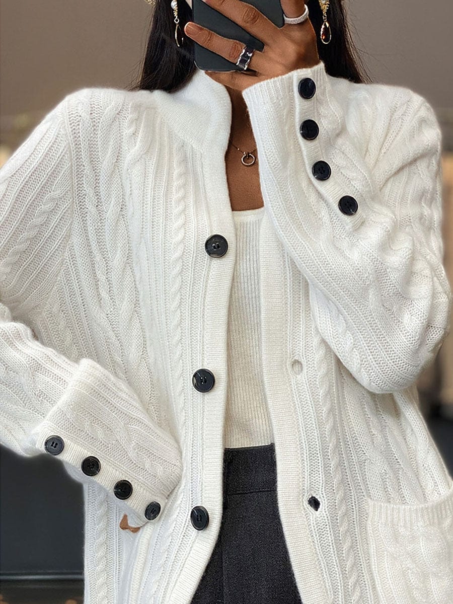 Ladies' Elegant V Neck Cable Knit Cardigan Sweater with Buttons and Pockets