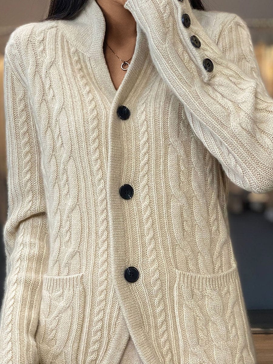 Ladies' Elegant V Neck Cable Knit Cardigan Sweater with Buttons and Pockets