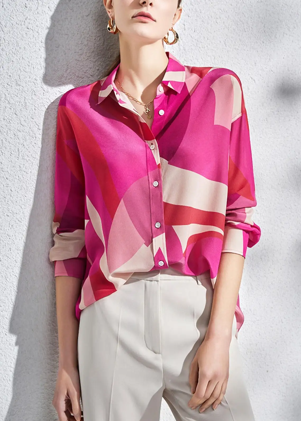 Loose Rose Peter Pan Collar Button Silk Shirts Long Sleeve AB1055