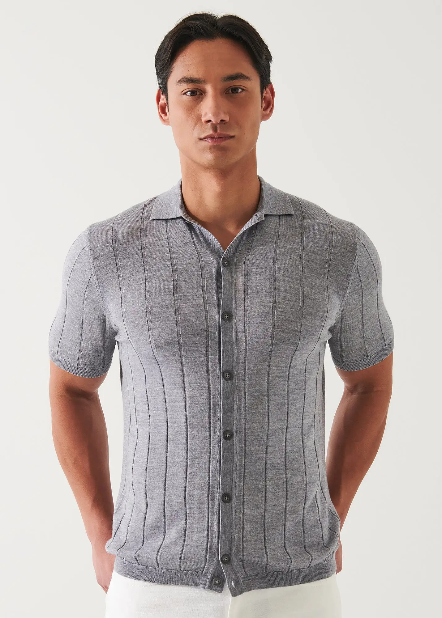 MERINO WOOL-SILK BLEND KNIT BUTTON UP