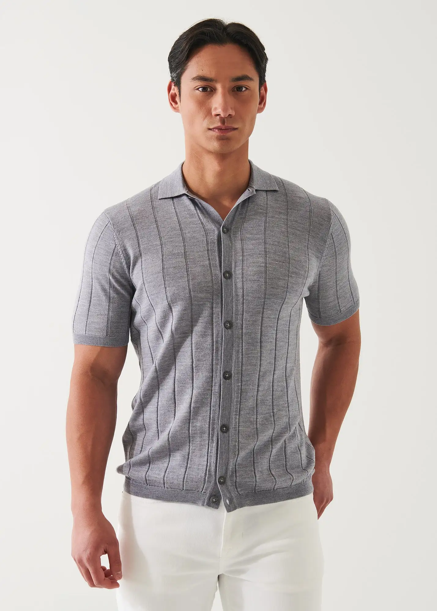 MERINO WOOL-SILK BLEND KNIT BUTTON UP