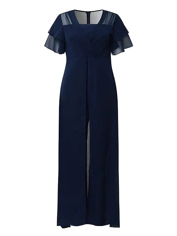 Navy Blue Elegant V-Neck Jumpsuit with Short Sleeves