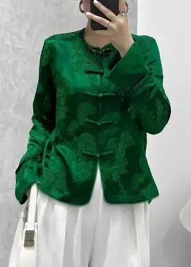 New Green Print Button Silk Shirts Coats Long Sleeve CG1034