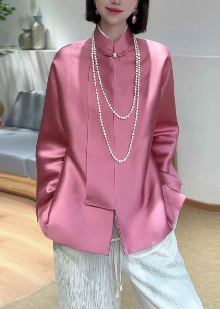 New Pink Stand Collar Button Patchwork Silk Coats Spring QA1073