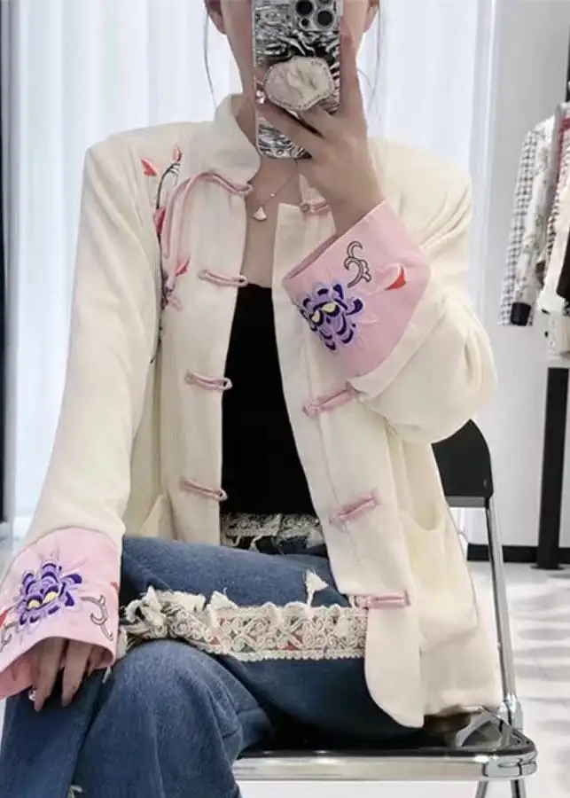 New White Embroidered Button Silk Shirt Long Sleeve QA1009