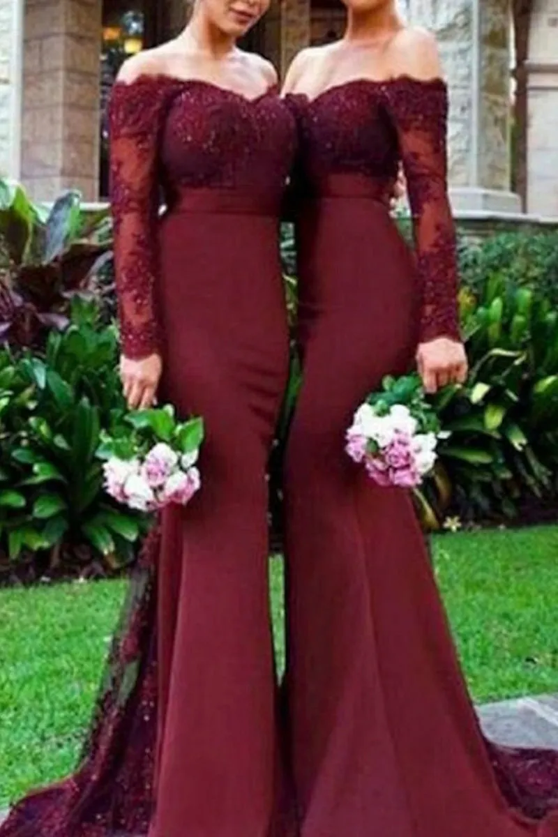 Off Shoulder Lace Long Sleeves Mermaid Burgundy Bridesmaid Dress QB3120