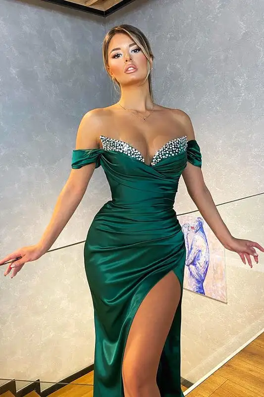 Off-the-Shoulder Mermaid Prom Dress Split - Dark Green