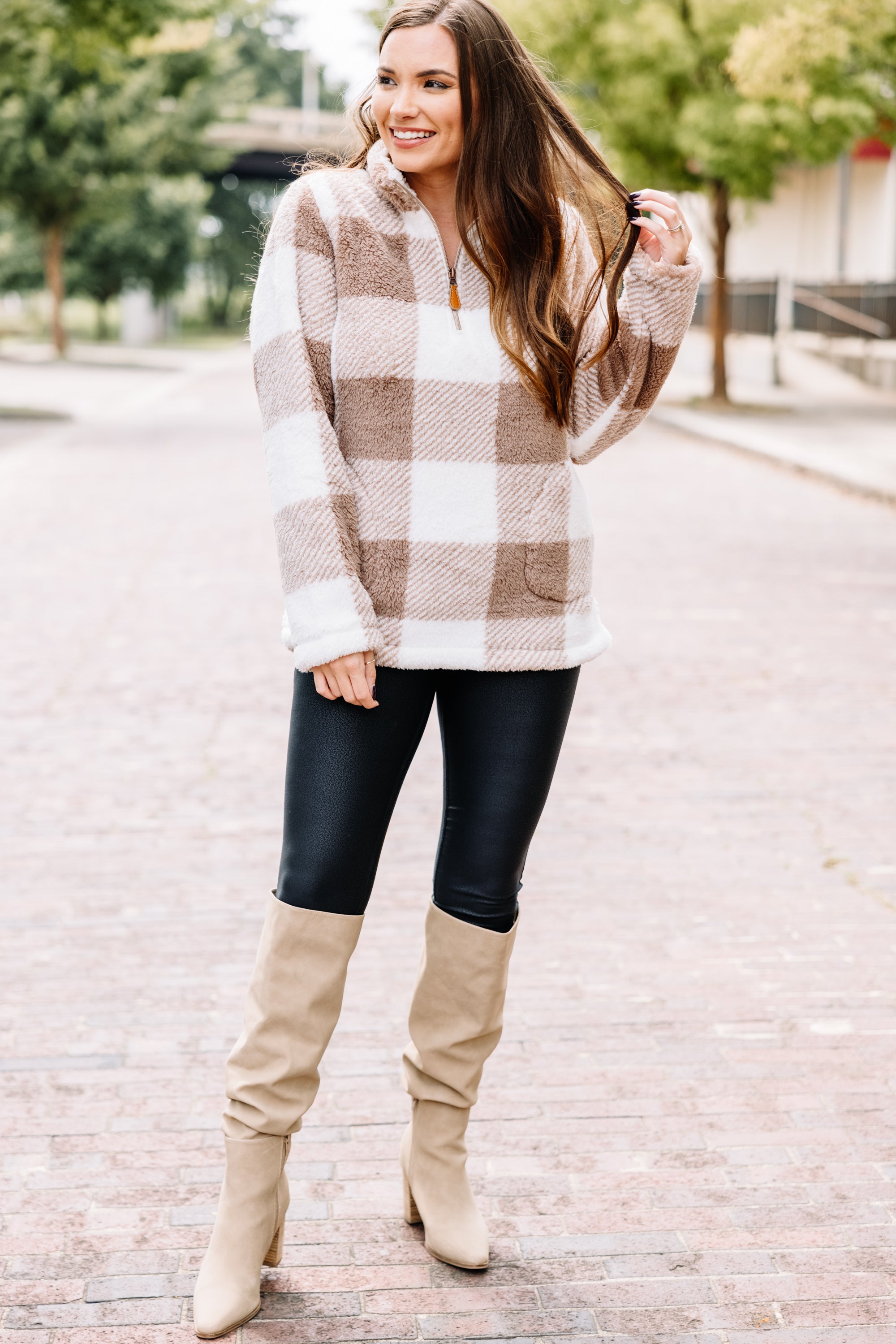 On The Move Taupe Brown Buffalo Plaid Pullover