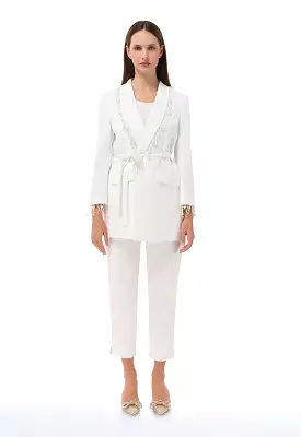 Pearl Embellished Blazer With Flap Pockets