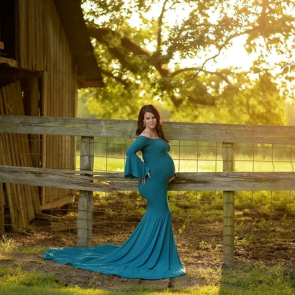 Pregnant Long Dress Women Flounce Sleeve Trailing Cotton Mermaid Dress Off-shoulder Elegant Pregnant Photograph Dress