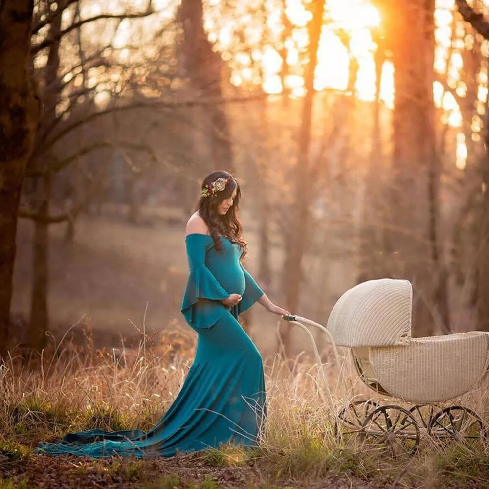 Pregnant Long Dress Women Flounce Sleeve Trailing Cotton Mermaid Dress Off-shoulder Elegant Pregnant Photograph Dress