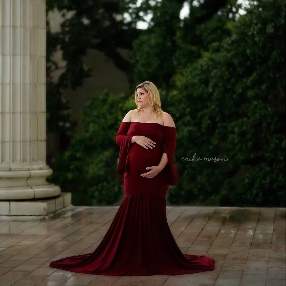 Pregnant Long Dress Women Flounce Sleeve Trailing Cotton Mermaid Dress Off-shoulder Elegant Pregnant Photograph Dress