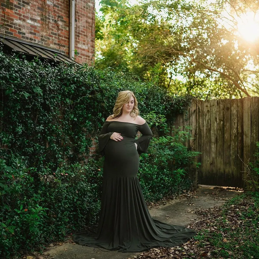 Pregnant Long Dress Women Flounce Sleeve Trailing Cotton Mermaid Dress Off-shoulder Elegant Pregnant Photograph Dress