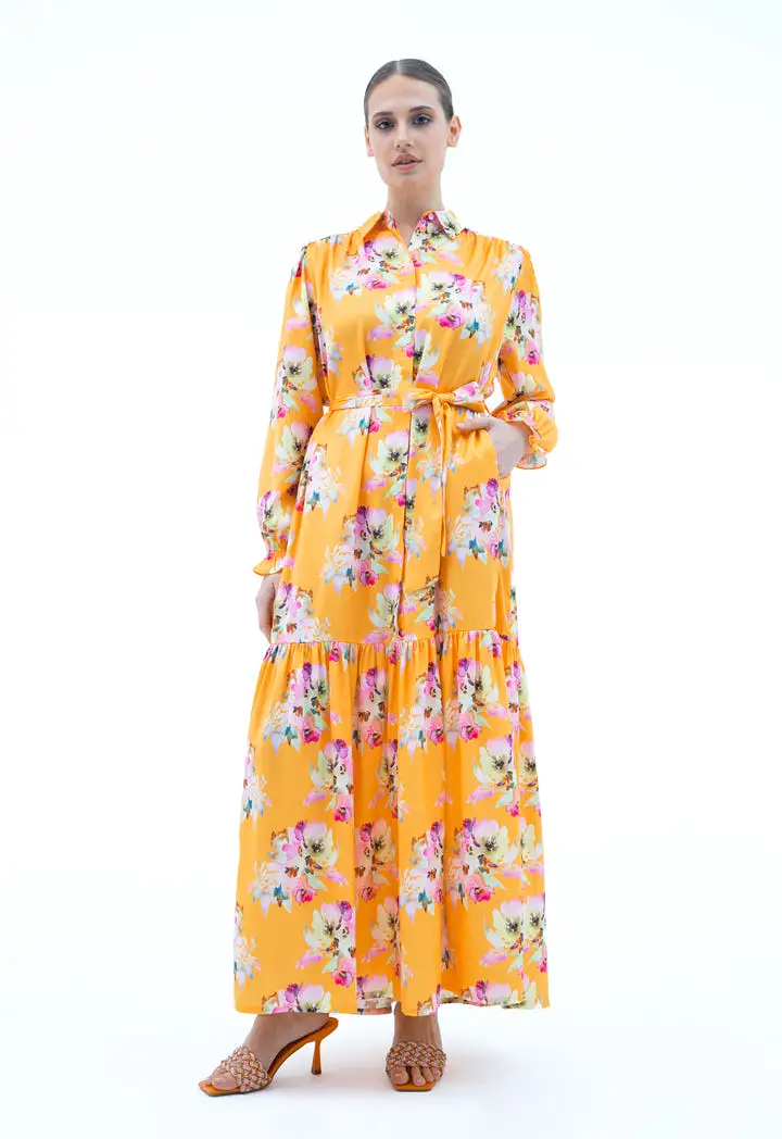 Printed Maxi Dress With Self Fabric Belt