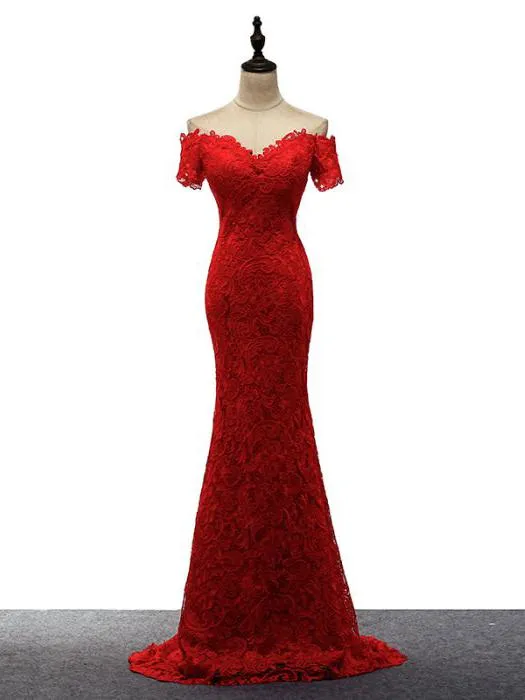 Red Lace Mermaid Long Wedding Party Dress, Off Shoulder Lace Bridesmaid Dress