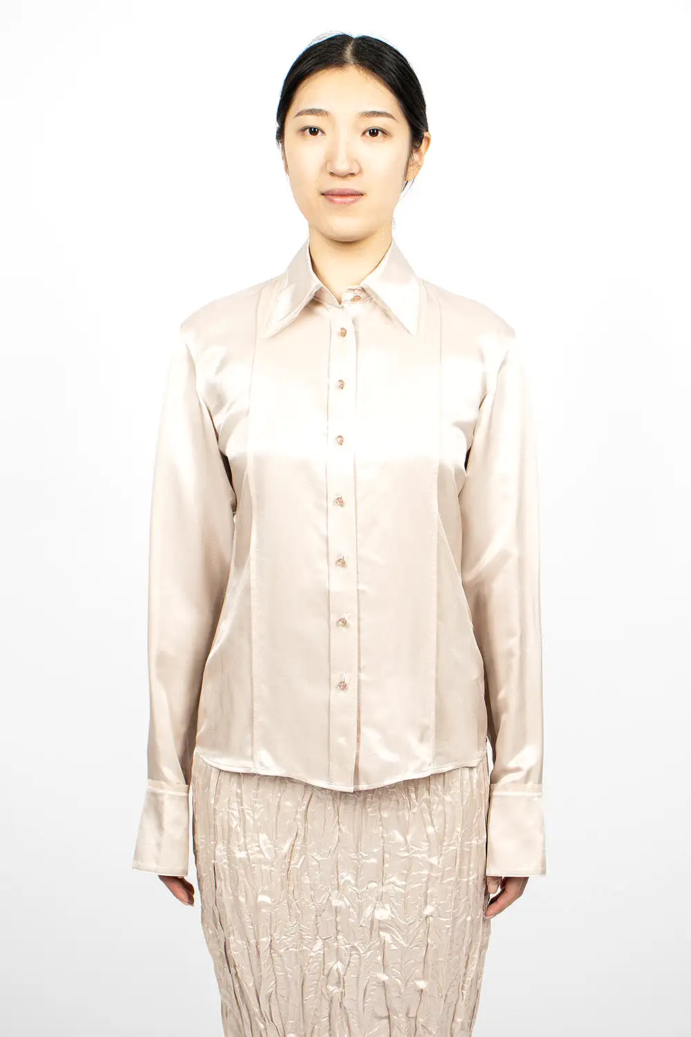 Satin Button-Up Shirt Pebble Beige