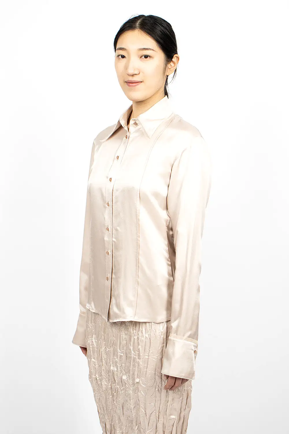 Satin Button-Up Shirt Pebble Beige