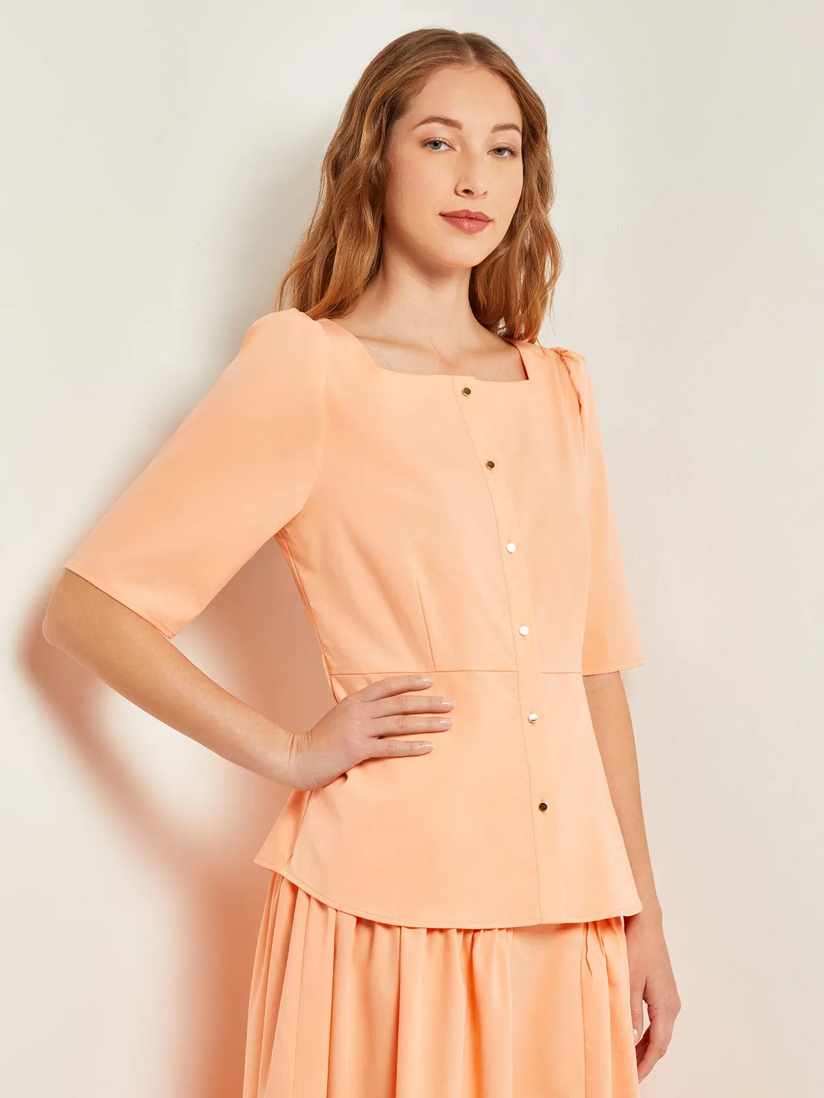 Square Neck Button Front Blouse - Belted Faux Cupro Silk