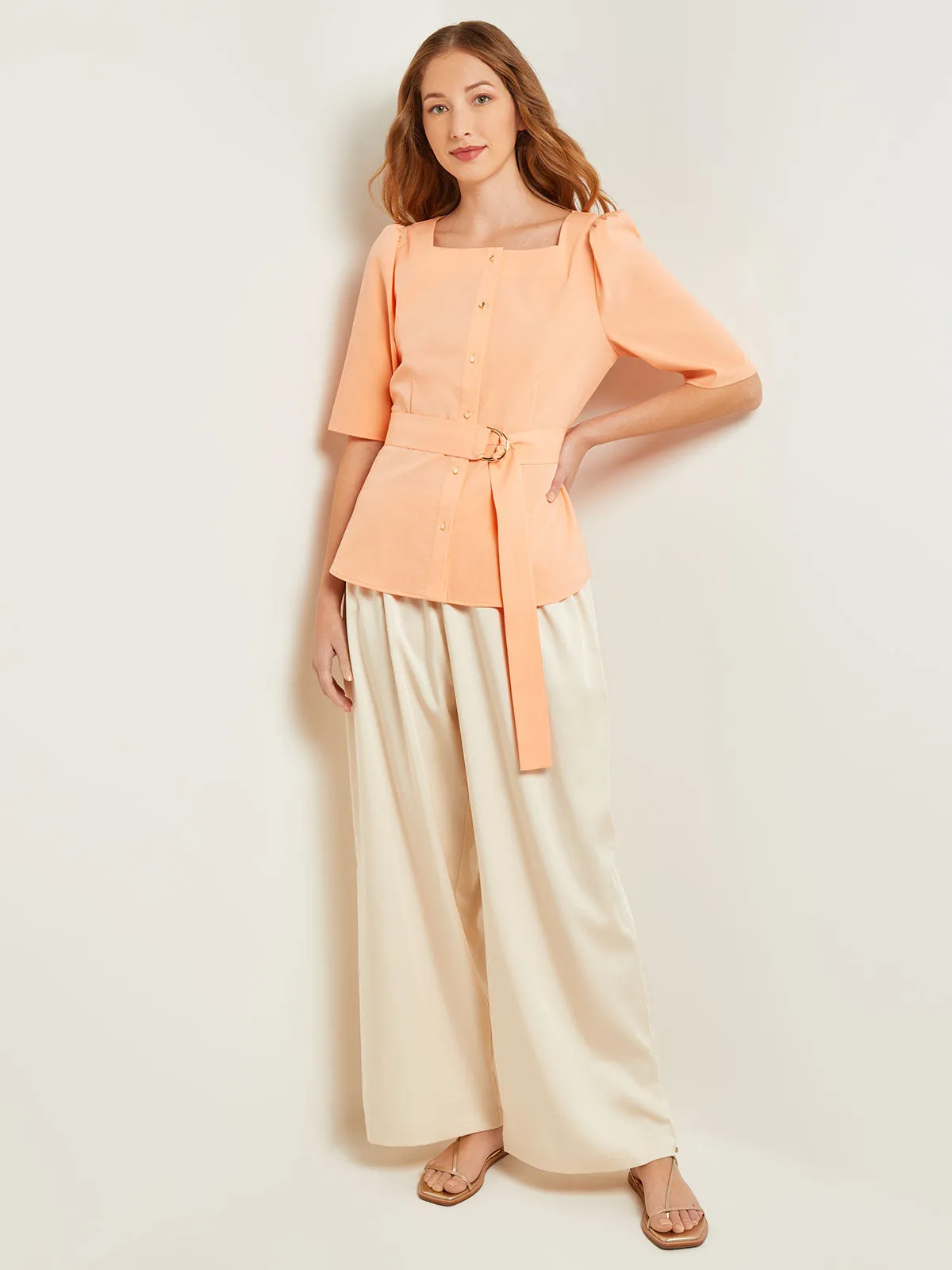 Square Neck Button Front Blouse - Belted Faux Cupro Silk