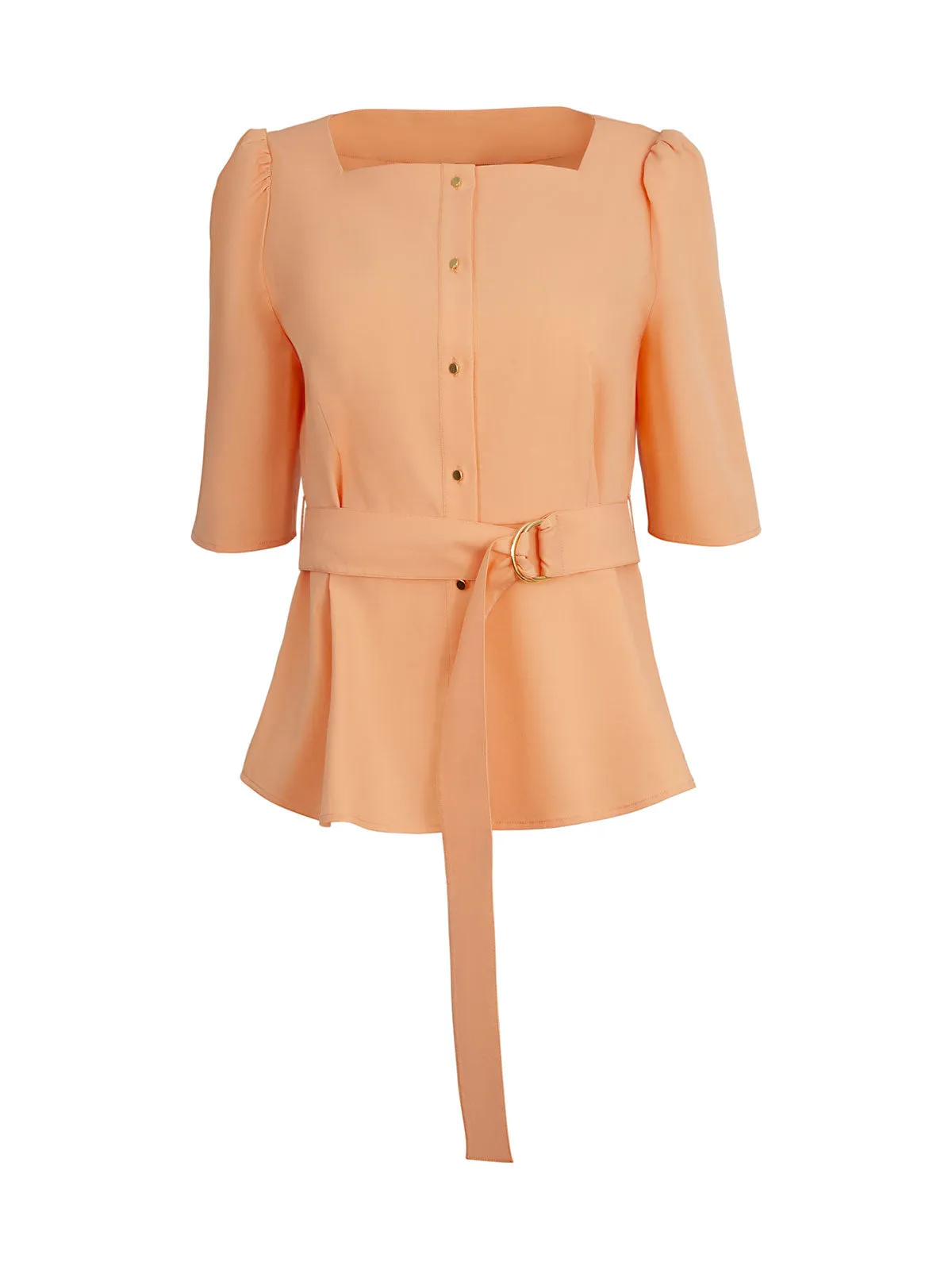 Square Neck Button Front Blouse - Belted Faux Cupro Silk