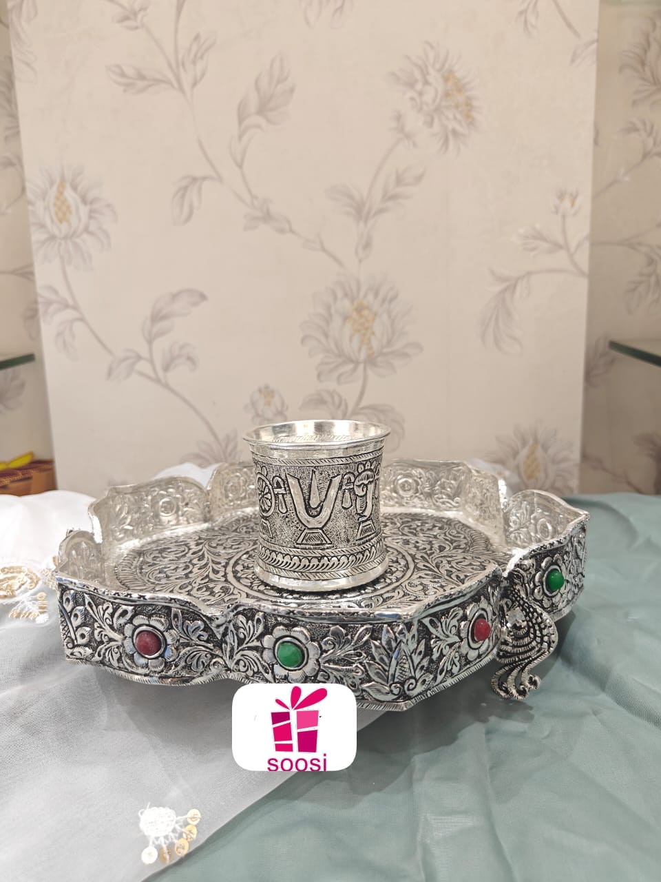 Sumitra , elegant Antique Finish German Silver Thali with Naamalu -CZ001ST