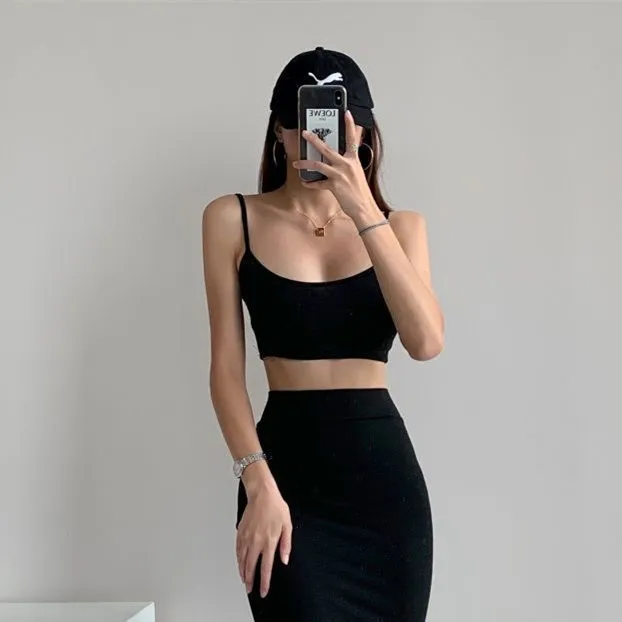 tight hip slim elastic skirt women's suspender vest two piece set