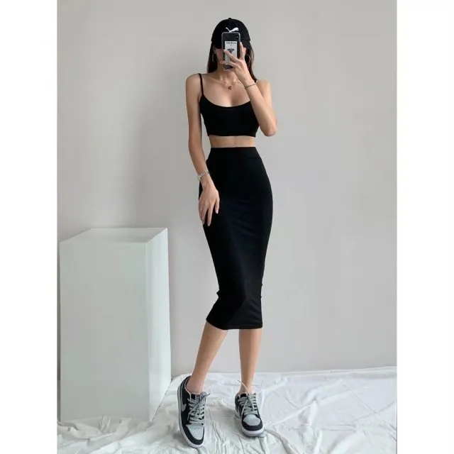 tight hip slim elastic skirt women's suspender vest two piece set