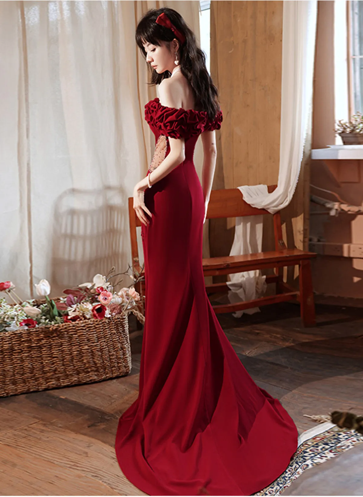 Wine Red Off Shoulder Beaded Mermaid Long Formal Dress, Wine Red Long Prom Dress